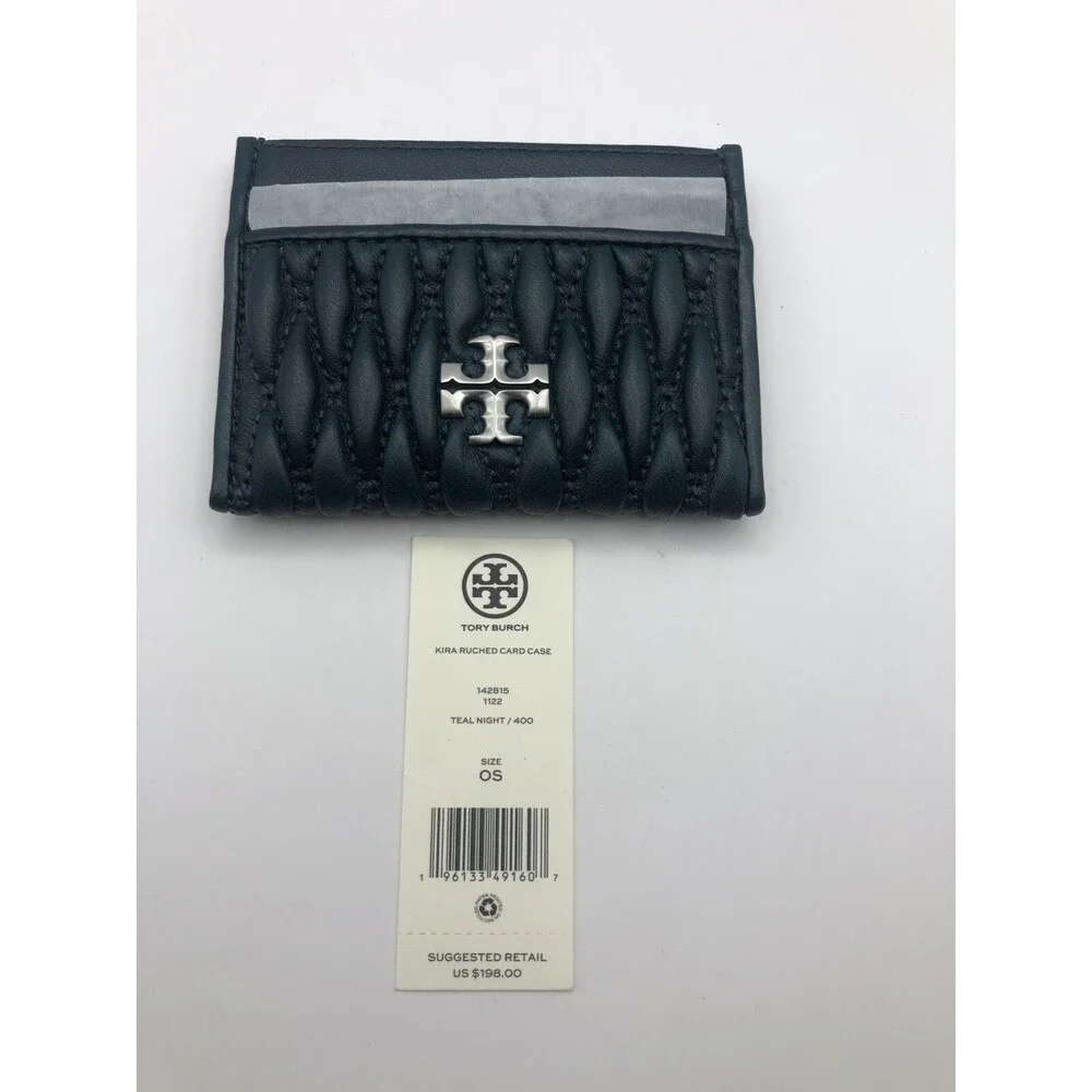 Tory Burch Teal Night Ruched Leather Kira Quilted Card Case Mini Wallet New